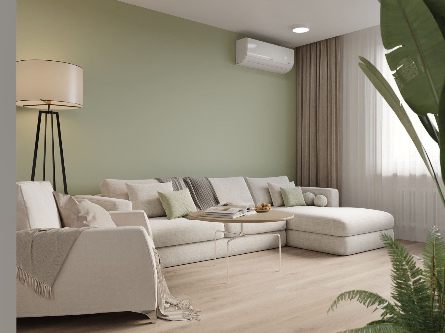 Просторная гостиная в светлых тонах с акцентной светло-зеленой стеной