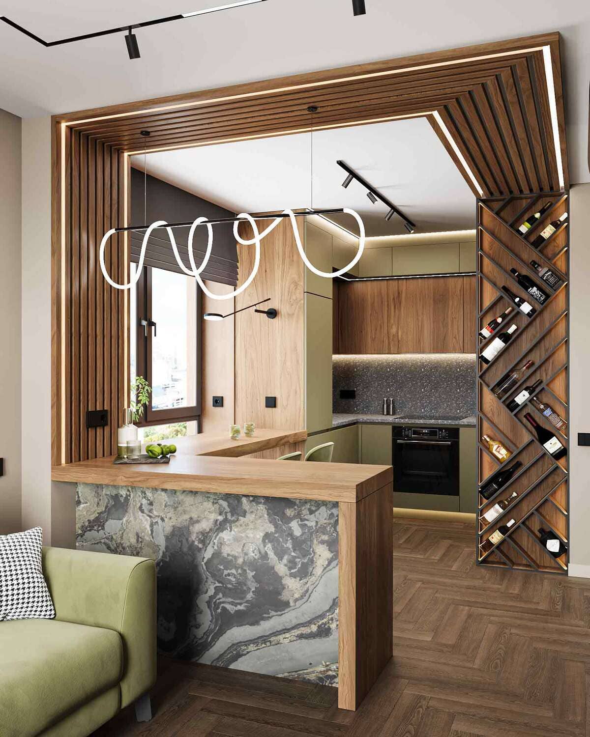 Кухня с отделкой с большим количеством дерева и зелеными акцентами