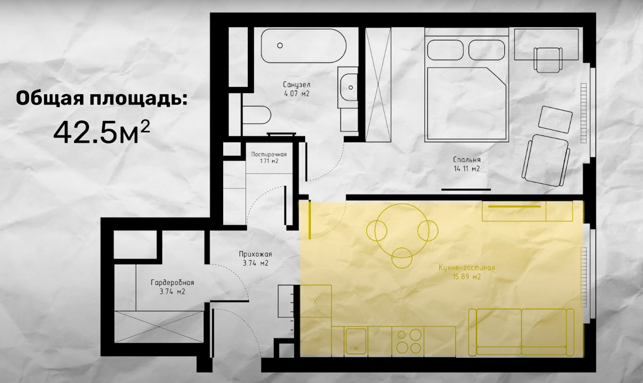 Планировка кухни-гостиной в евродвушке