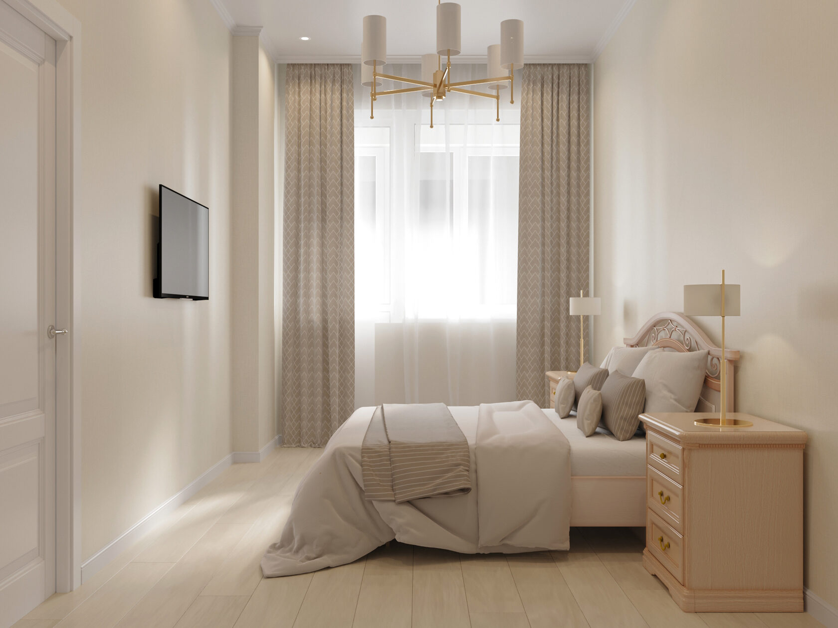 Спальня в спокойных бежево‑серых тонах с деликатным узором на обоях и изящной кроватью